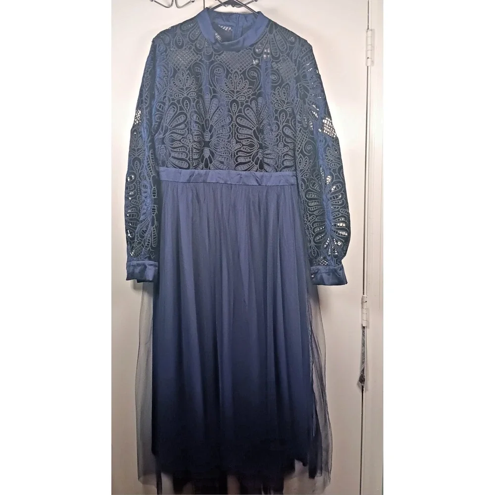 NWT Womens Maxi Dress 12 BLUE BLACK Mesh Floral Long Sleeve dark elegant formal